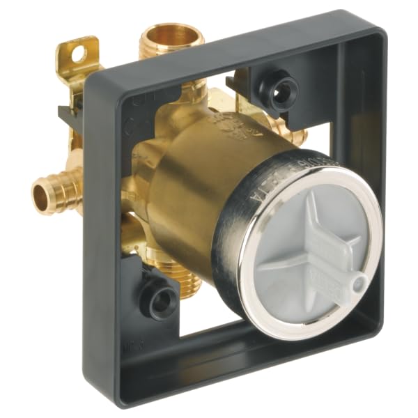Brass pressure balance valve assembly with black mounting frame and PEX connections for tub shower installation.