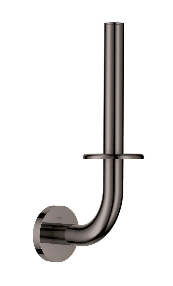 Hard graphite spare toilet paper holder with curved arm and wall-mounted circular base.