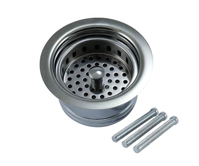 Polished nickel sink strainer and stopper unit with perforated basket and three mounting studs.