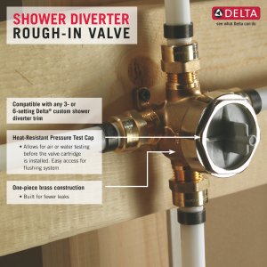 Delta R11000 brass shower diverter valve with 3- and 6-setting control, mounted on copper piping against tan wall.