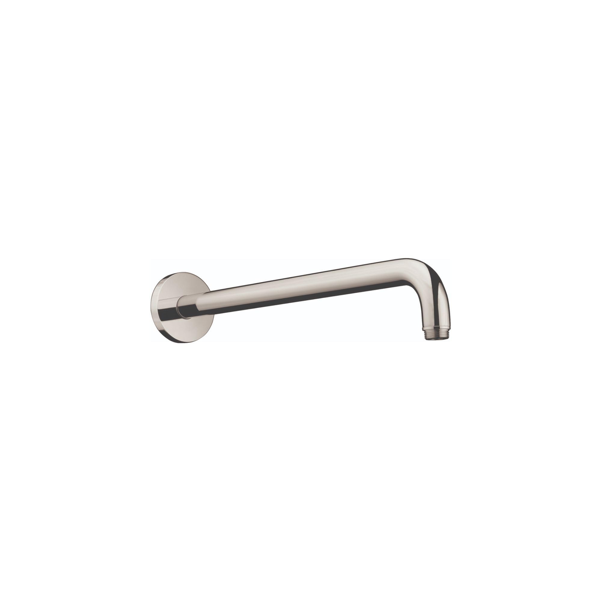 Polished nickel shower arm with round wall mount and curved spout extending horizontally.