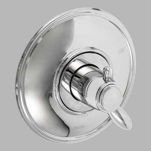 Chrome finish Delta shower valve trim kit with round escutcheon plate and single lever handle.