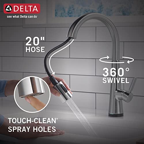 Chrome pull-down kitchen faucet with 20" hose, 360° swivel spout, and touch-clean spray holes.
