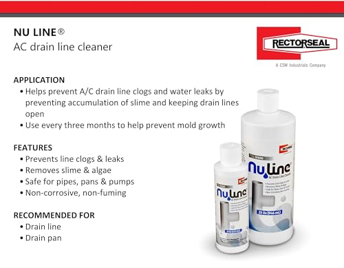 Rectorseal Nu Line AC drain line cleaner in two bottle sizes with product information and features listed.