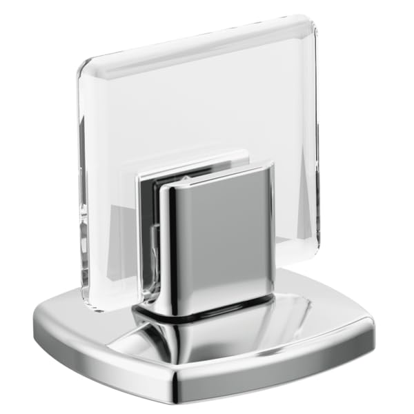 Chrome knob handle with clear glass backing plate and square metal base for widespread bathroom faucet installation.