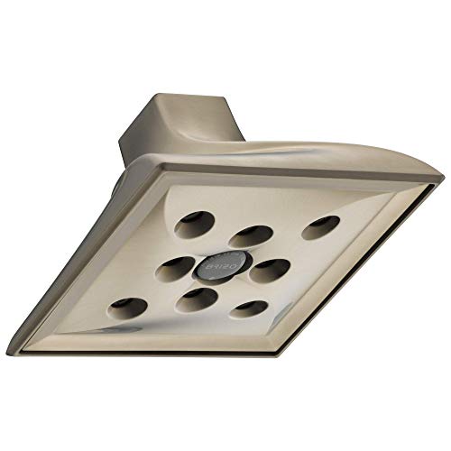 Brushed nickel square raincan shower head with multiple outlet holes and center aerator.