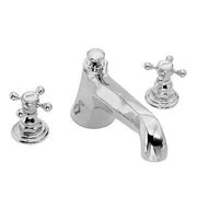 Polished nickel three-piece roman tub faucet with curved spout and two cross-handle controls.