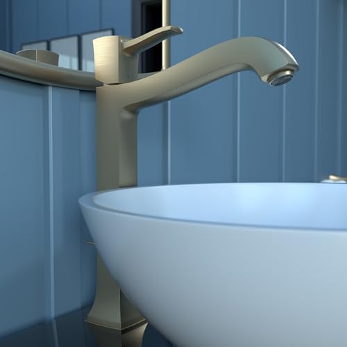 Brushed bronze single-hole faucet with curved spout mounted above white vessel sink against blue tiled wall.