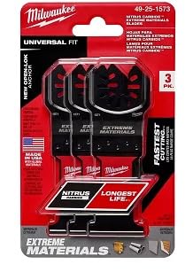 Three Milwaukee NITRUS CARBIDE multi-tool blades with black cutting edges in OPEN-LOK universal fit packaging.