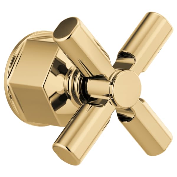 Polished gold thermostatic valve trim with four-arm cross handle and round mounting plate.