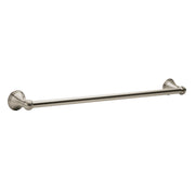 Brushed nickel towel bar with round mounting flanges on each end, 18 inches long.