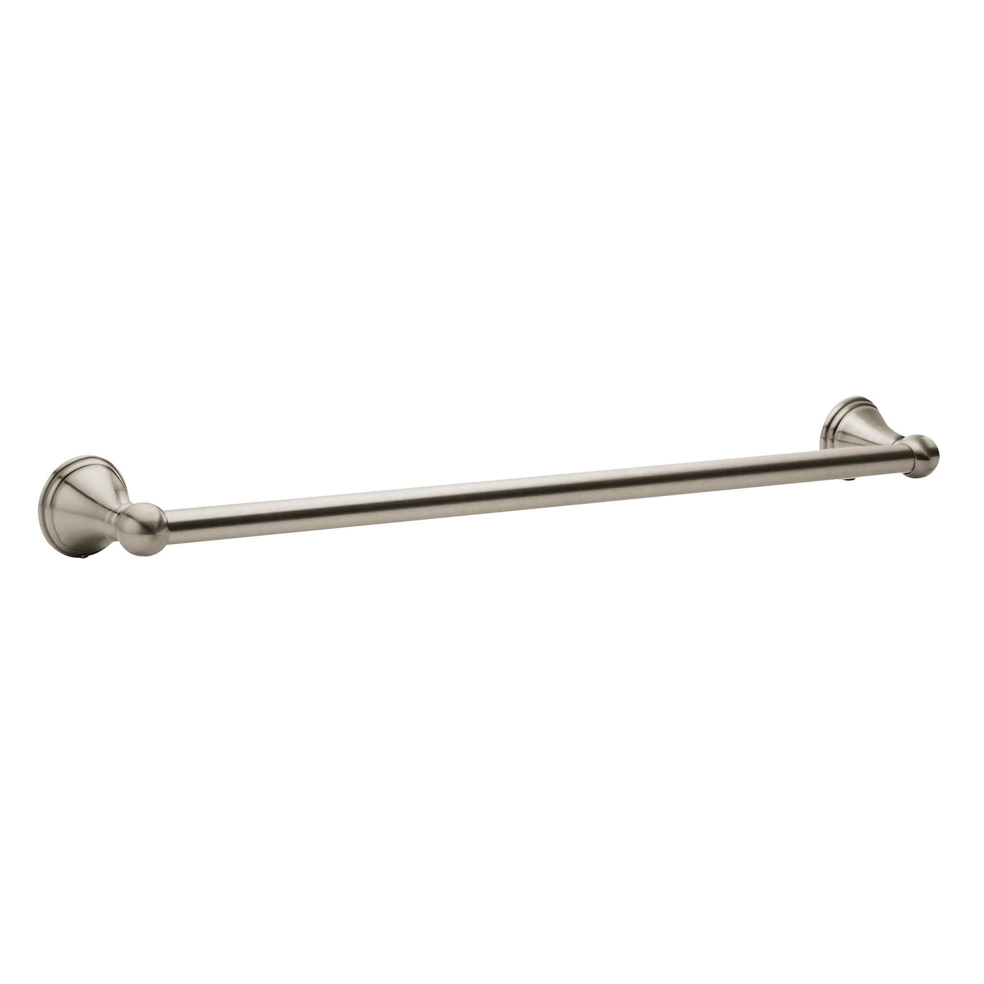 Brushed nickel towel bar with round mounting flanges on each end, 18 inches long.
