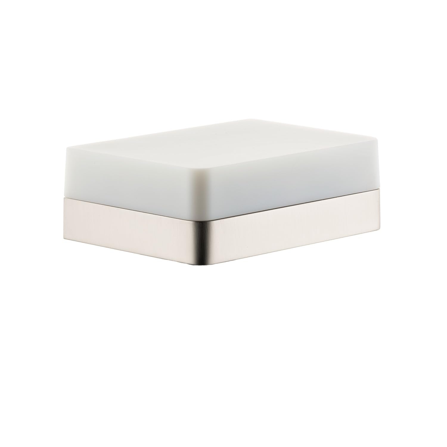 Rectangular shower basket with white top and brushed nickel metal base.