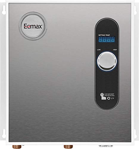 Eemax stainless steel tankless water heater with digital temperature display and rotary control dial on right panel.