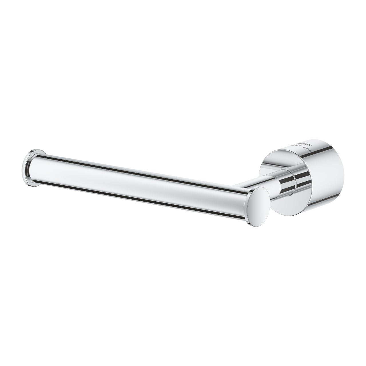 Chrome toilet paper holder with cylindrical bar and circular mounting plate, open design without cover.