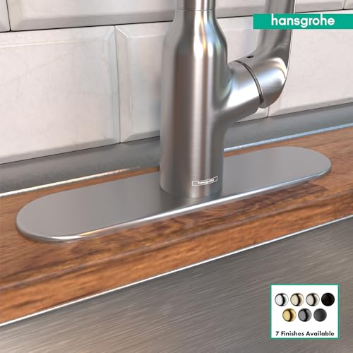 Steel Optic base plate for single-hole kitchen faucet, 10 inches wide, shown installed under faucet.