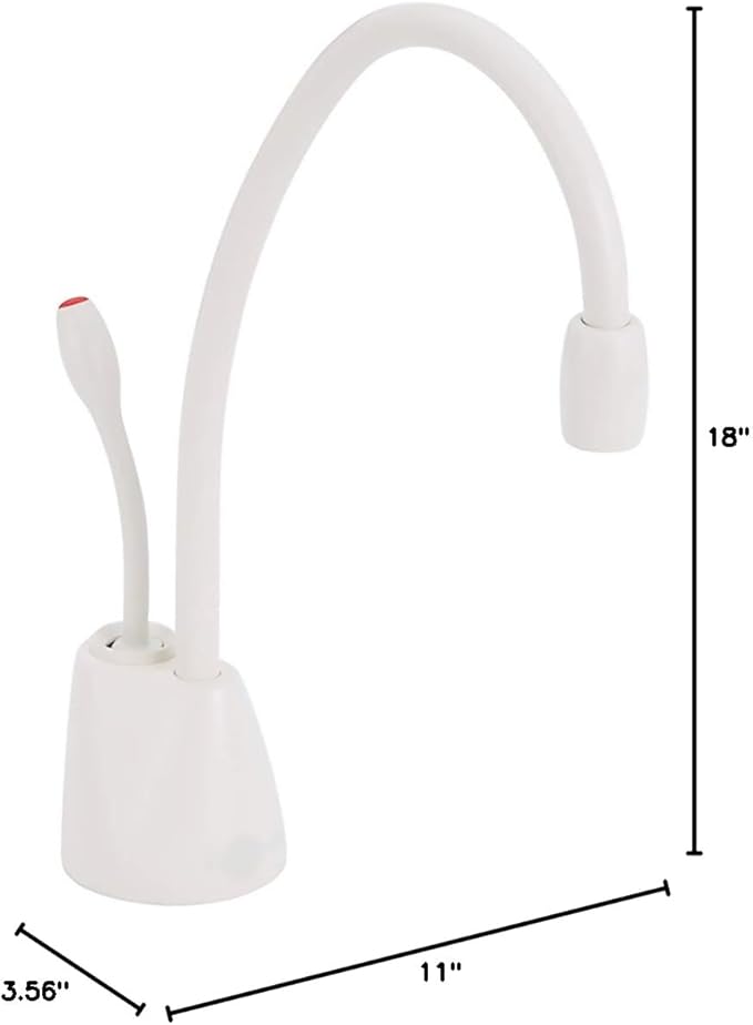 Biscuit-colored instant hot water dispenser faucet with curved spout and single lever handle on white base.