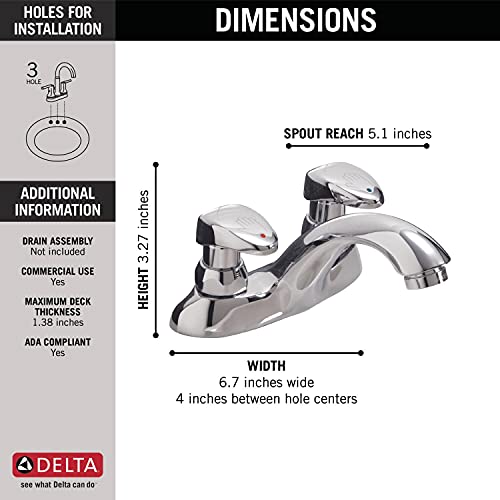 Chrome two-handle bathroom faucet with 5.1-inch spout reach and metering slow-close valve.