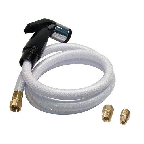 Black and chrome side spray head with clear vinyl hose and brass connector fittings.