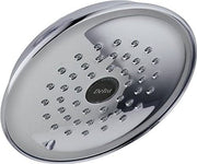 Chrome raincan shower head with multiple spray holes and Delta logo on face.