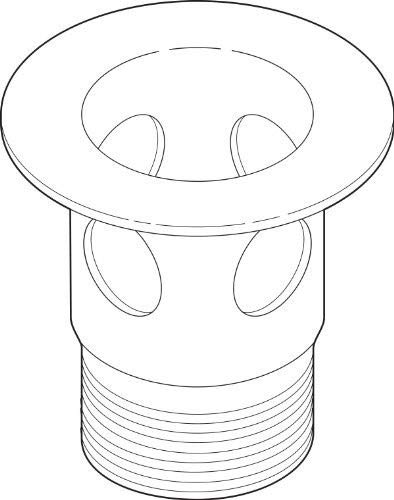 Brushed nickel circular drain flange with threaded cylindrical base and internal outlet ports.