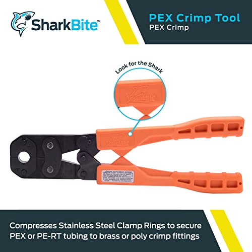 Sharkbite PEX crimp tool with black metal head and orange handles for stainless steel clamp rings.