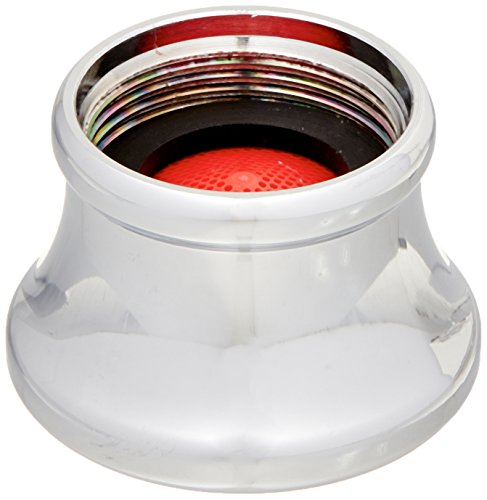 Chrome faucet aerator with white plastic housing and red mesh screen insert.