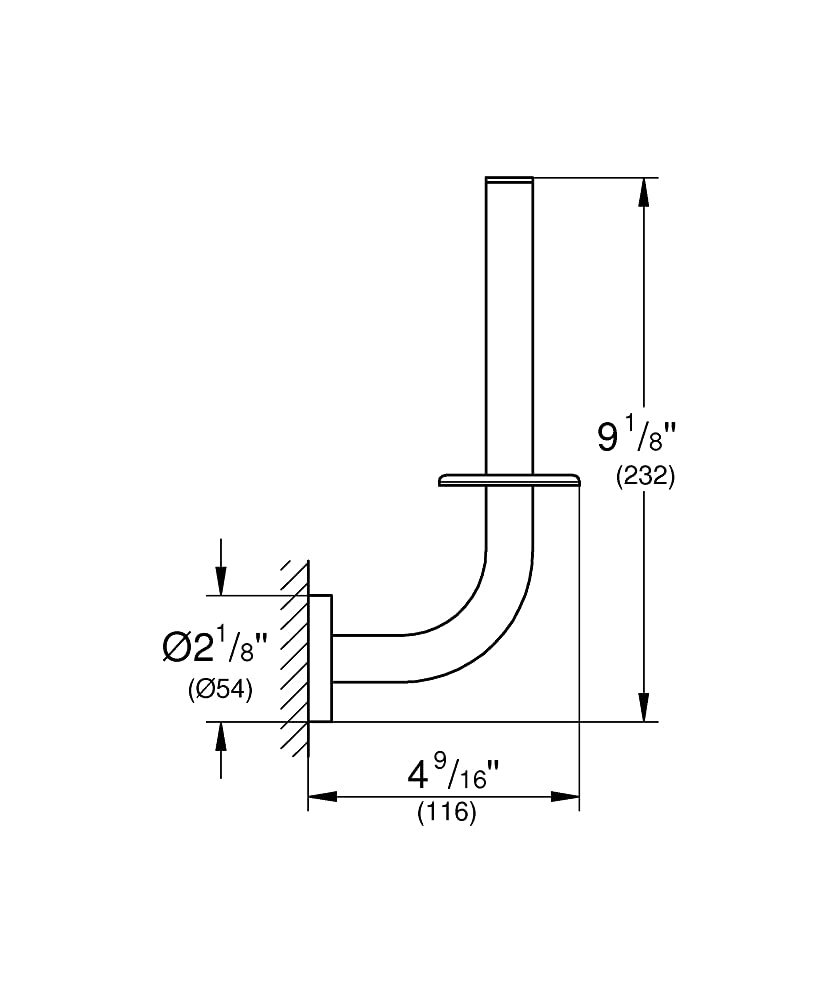 Grohe Hard Graphite spare paper holder with curved mounting bracket and vertical post, shown with dimensions.