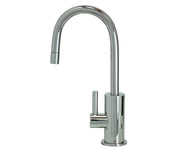 Polished chrome hot water faucet with tall curved spout and cylindrical handle on round base.