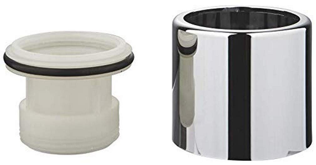 Grohe chrome-plated cylindrical sleeve with white plastic insert and black rubber seal ring.