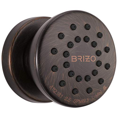 Round oil-rubbed bronze shower body spray with multiple spray holes and removable face plate.