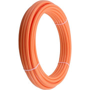 Red-orange PEX pipe coiled with white strapping bands around the circumference.