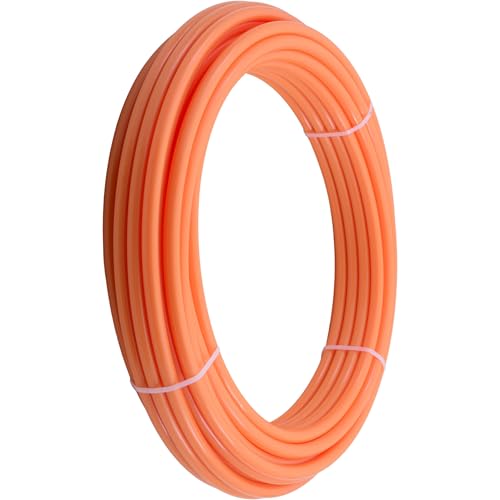 Red-orange PEX pipe coiled with white strapping bands around the circumference.
