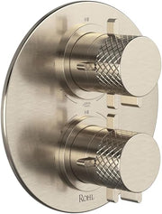 Satin nickel thermostatic shower trim with dual round handles and temperature/pressure balance controls.