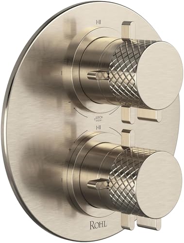 Satin nickel thermostatic shower trim with dual round handles and temperature/pressure balance controls.