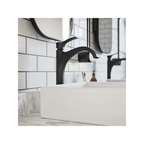 Matte black single-hole bathroom faucet with curved spout mounted on white rectangular sink basin.