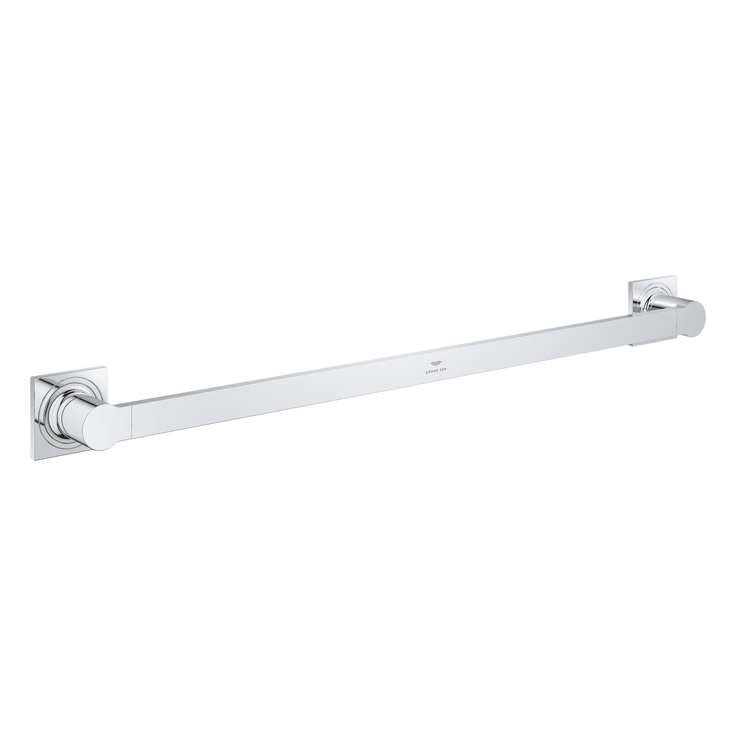 Chrome and white 24-inch towel bar with square wall mounting brackets on each end.