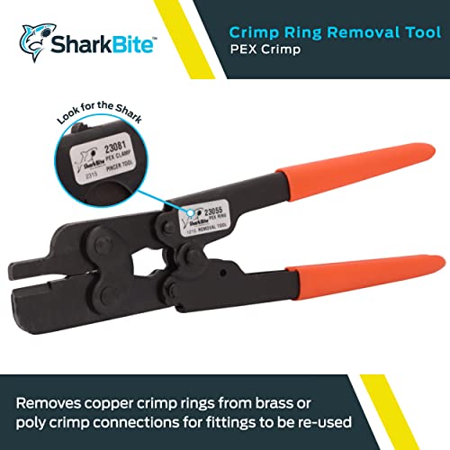 Orange and black Sharkbite crimp ring removal tool with lever handles and rubber grips.