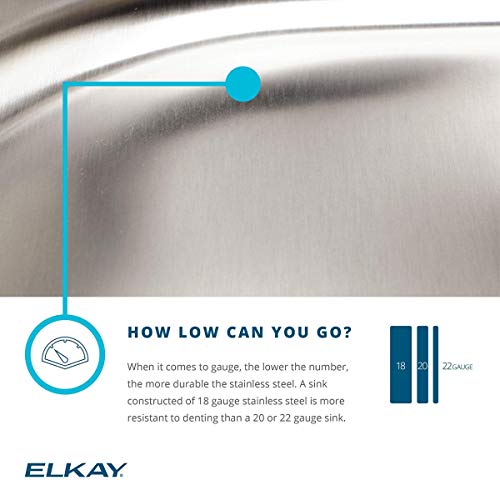 Stainless steel drop-in sink with single bowl and brushed surface finish, showing gauge thickness comparison information.