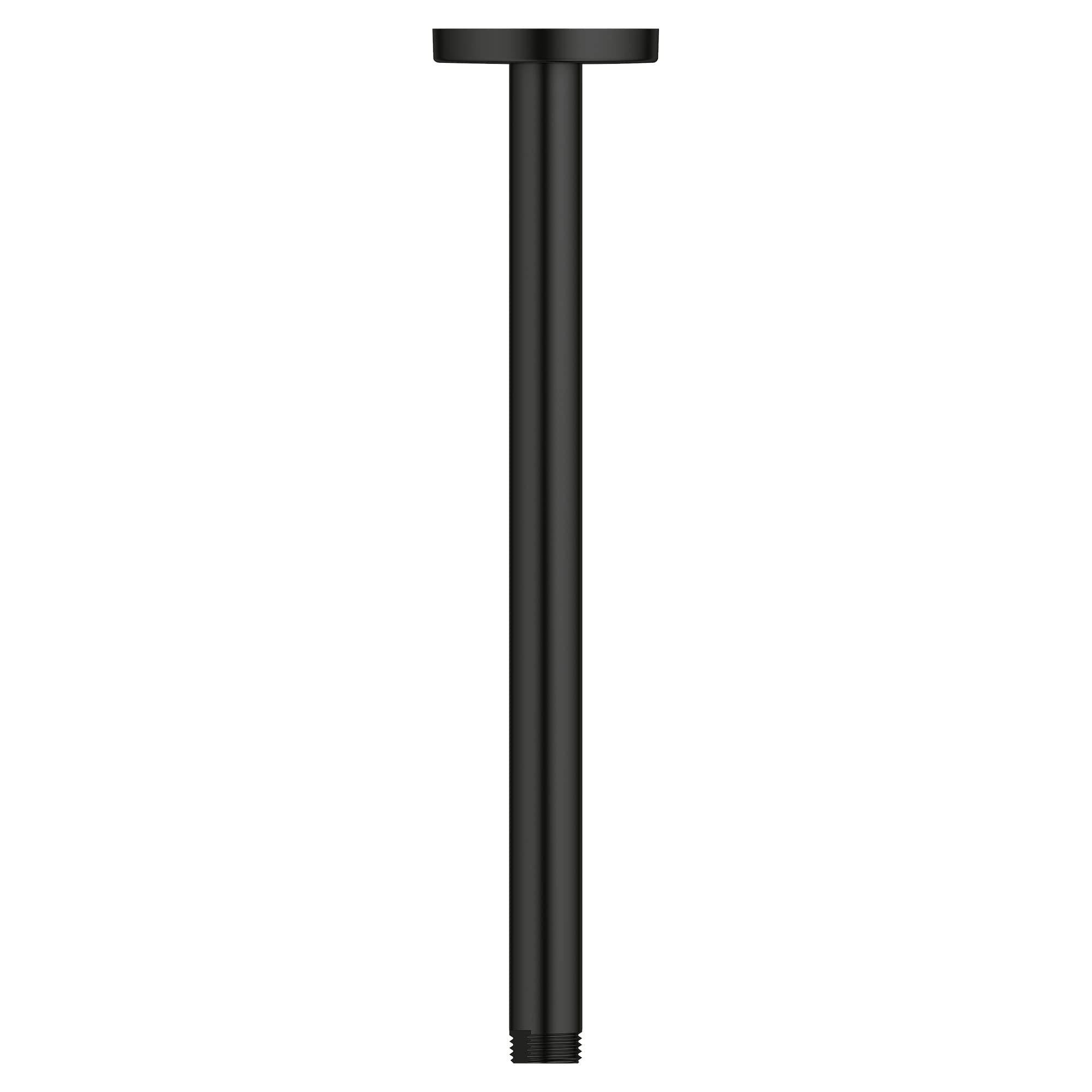 Matte black ceiling-mounted shower arm with T-shaped connector at top and threaded end at bottom.
