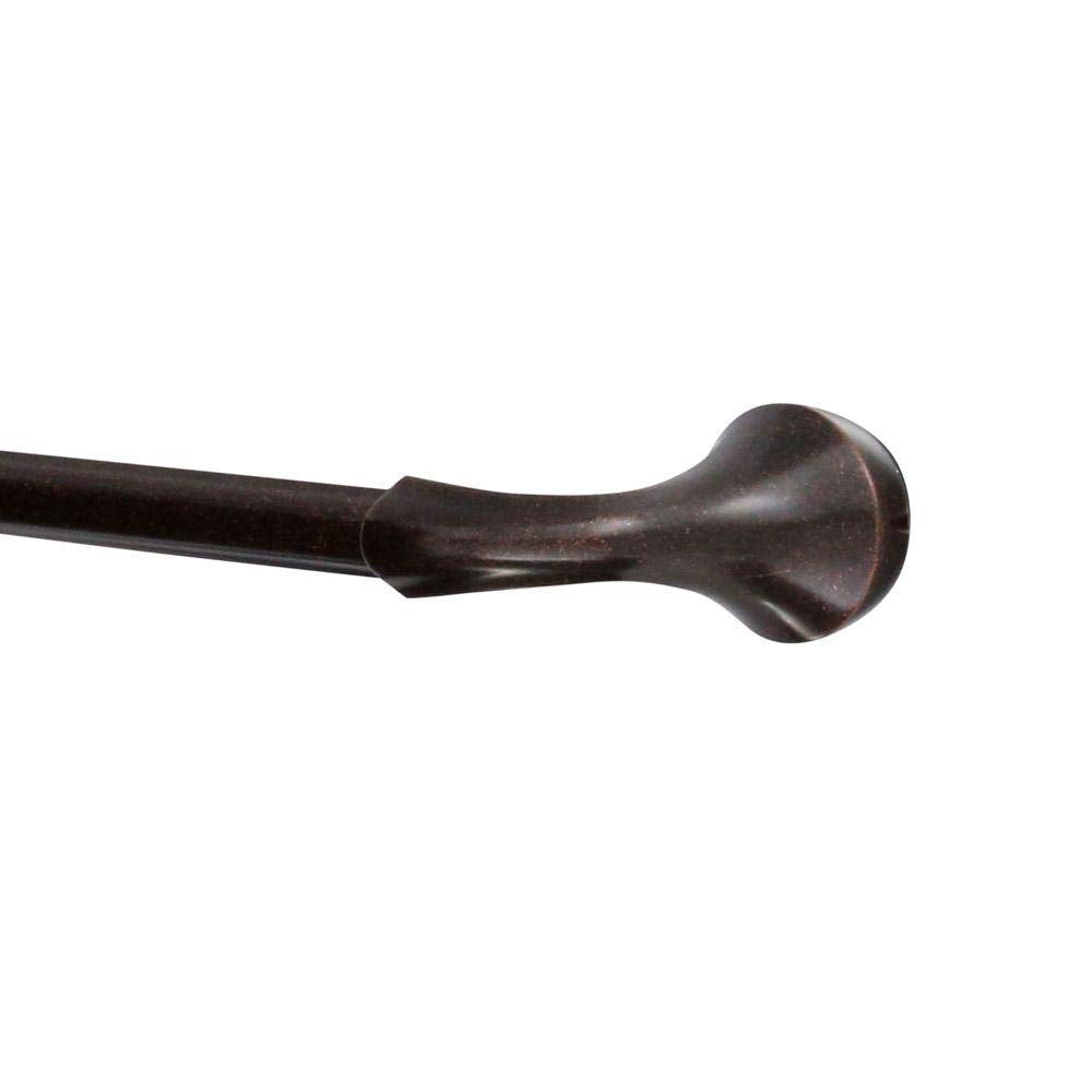 Oil rubbed bronze towel bar with rounded finial end and cylindrical rod, 24 inches long.
