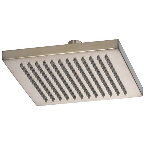 Square brushed nickel raincan shower head with grid pattern of spray nozzles and top-mounted connection.