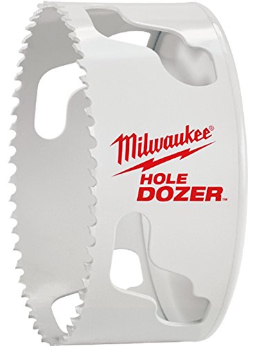 White bi-metal hole saw with serrated edges and handle grips, Milwaukee branding visible on side.