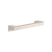 Brushed nickel towel bar with square mounting brackets and horizontal rail.