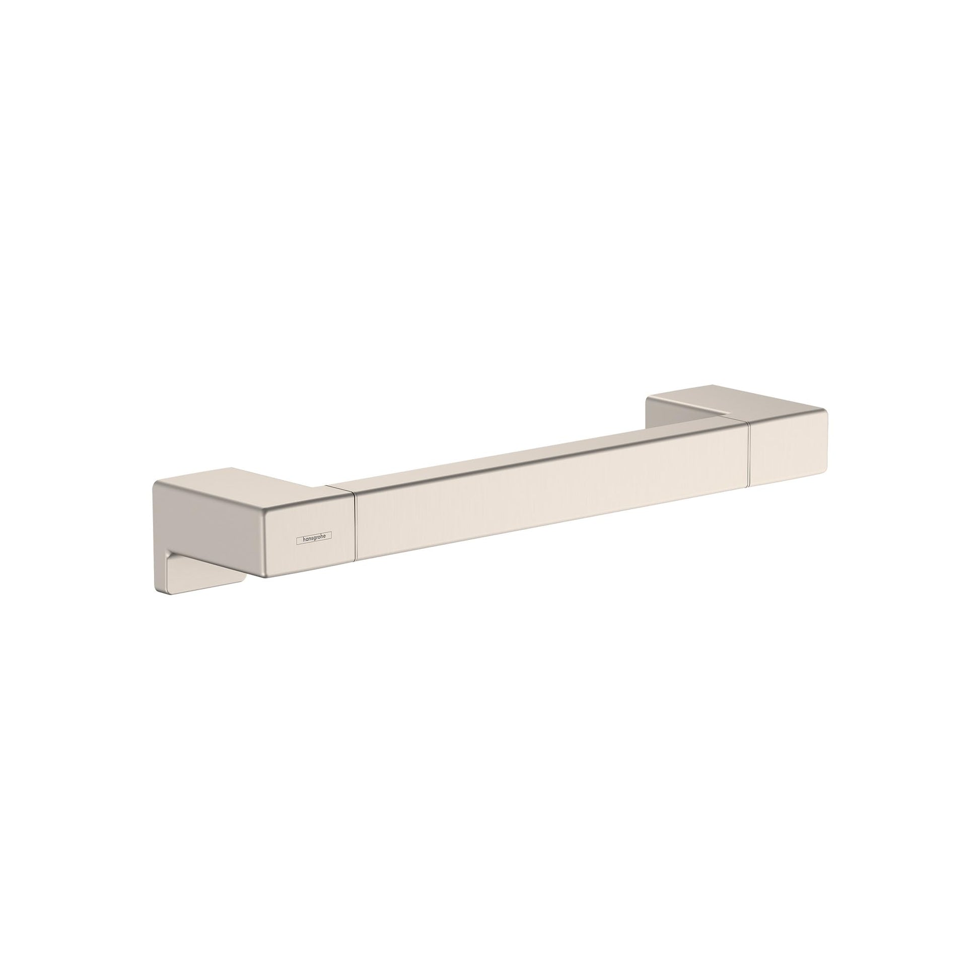 Brushed nickel towel bar with square mounting brackets and horizontal rail.