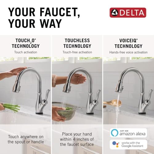 Arctic stainless steel kitchen faucet with curved spout and single handle, shown in three activation modes: touch, touchless,