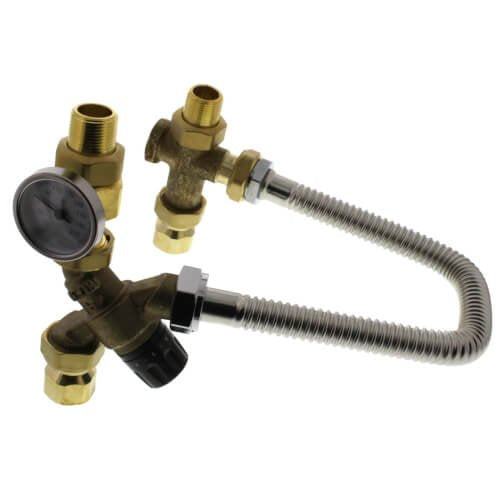 Brass thermostatic mixing valve with NPT connections, pressure gauge, and two flexible stainless steel hoses with black conne
