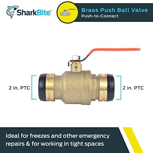 Brass push-to-connect ball valve with 2-inch PTC connections and red lever handle.