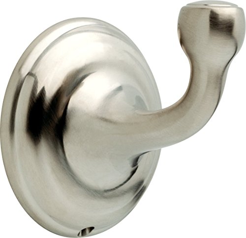 Brushed nickel robe hook with curved arm and circular backplate.