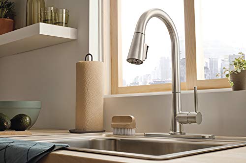Stainless steel single-handle pull-down kitchen faucet with curved spout mounted above sink.